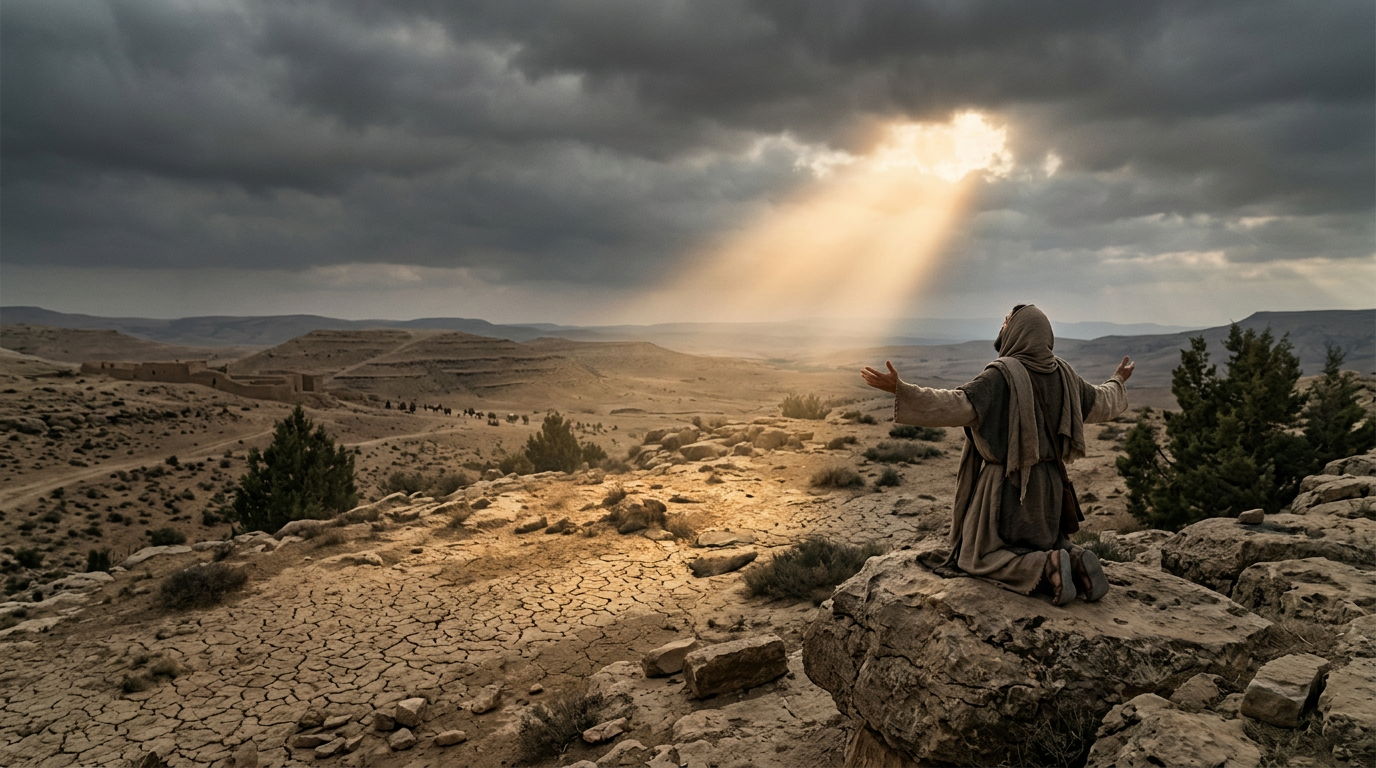 Kneeling robed figure raises arms beneath sunlight in a barren mountain landscape